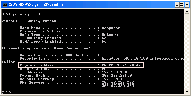 which mac address of the windows 10 machine to use for access list