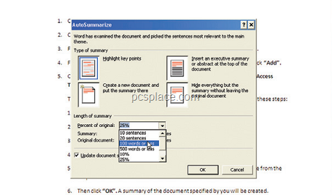 how to auto summarize in microsoft word 2010