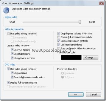 windows media player video acceleration -   Change the settings of video 