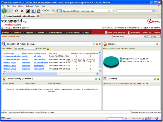 vembu storegrid online backup software dashboard